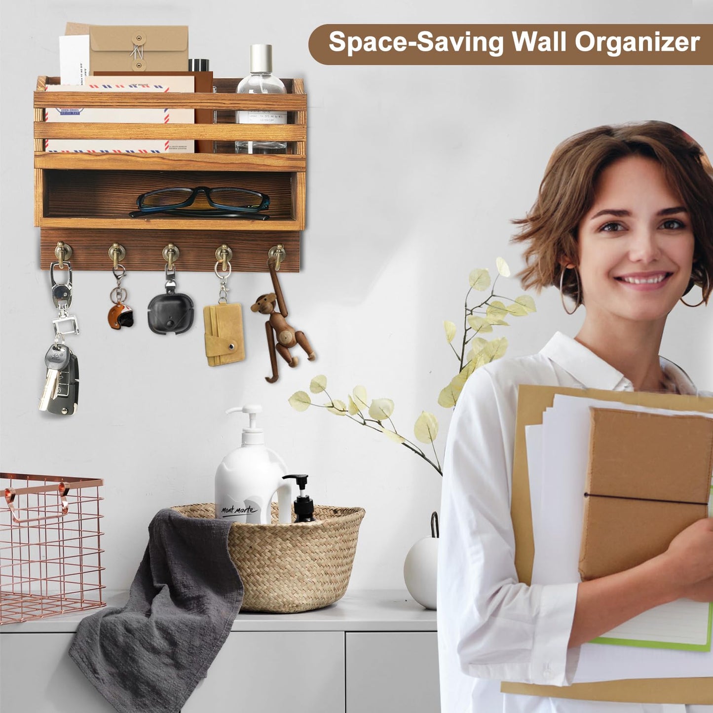 KERESUEDO Mail and Key Organizer for Wall – Key Holder Wall Mount with Storage Box and 5 Key Hooks, Mail Holder Wall Mounted for Entryway, Apartment, Office, Home Decor Organization (Brown)