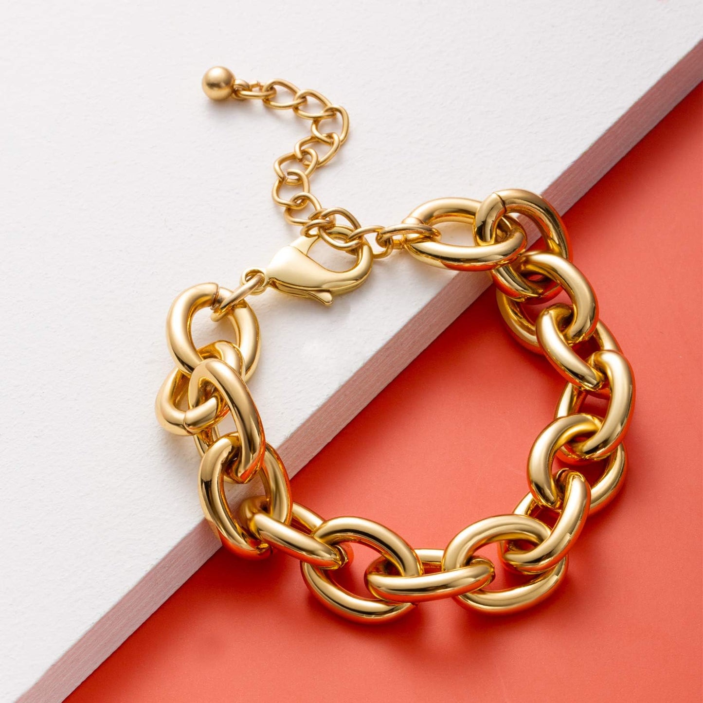 LANE WOODS Gold Bracelets for Women 14k Gold Plated Chunky Thick Large Link Chain Bracelet