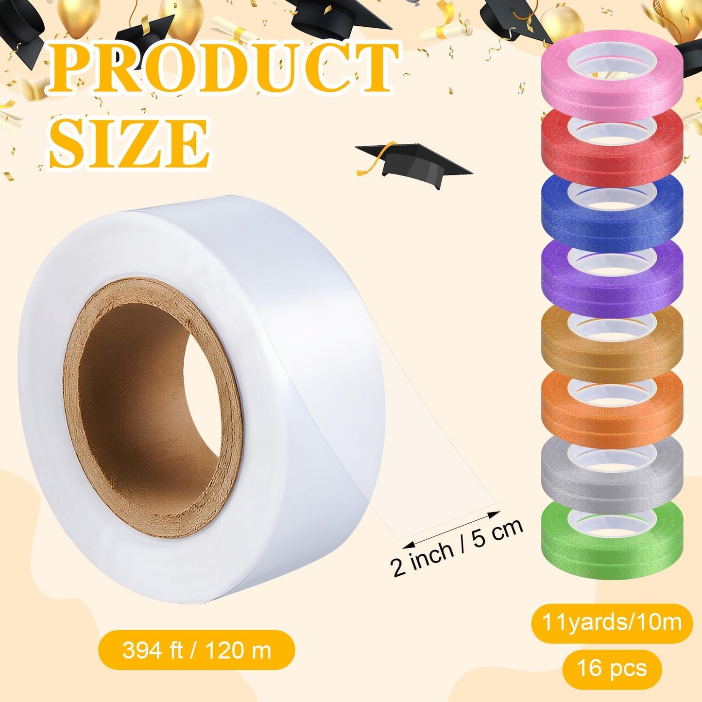ARCTURINE 2 inch x 394 ft Candy Lei Poly Tubing with 175 yd Ribbon, Clear Graduation Candy Lei Making Kit with Plastic Poly Tube 16 Rolls Ribbon for DIY Graduation Garland Wreath Decor Snacks Wrapper