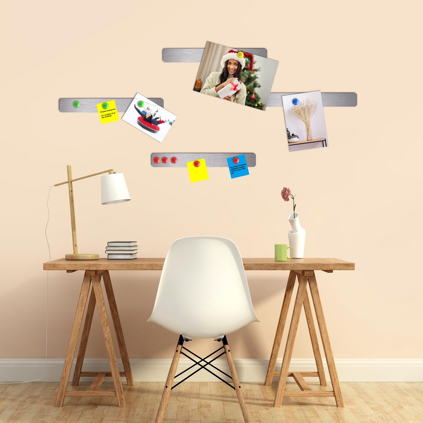 6 Pcs 15" x 2" Magnetic Display Board Souvenir Bulletin Board Strip Set with 48 Pcs Colorful Magnet for Office Home Wall Display Notes, Photos(Silver)