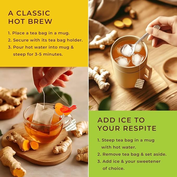 Gya Tea Co Turmeric Ginger Herbal Tea Bags (20 Bags) - Caffeine Free with a Tangy Flavor for All Day Comfort, Calming, Relaxing & Nourishing - Fruit & Herbal Blends