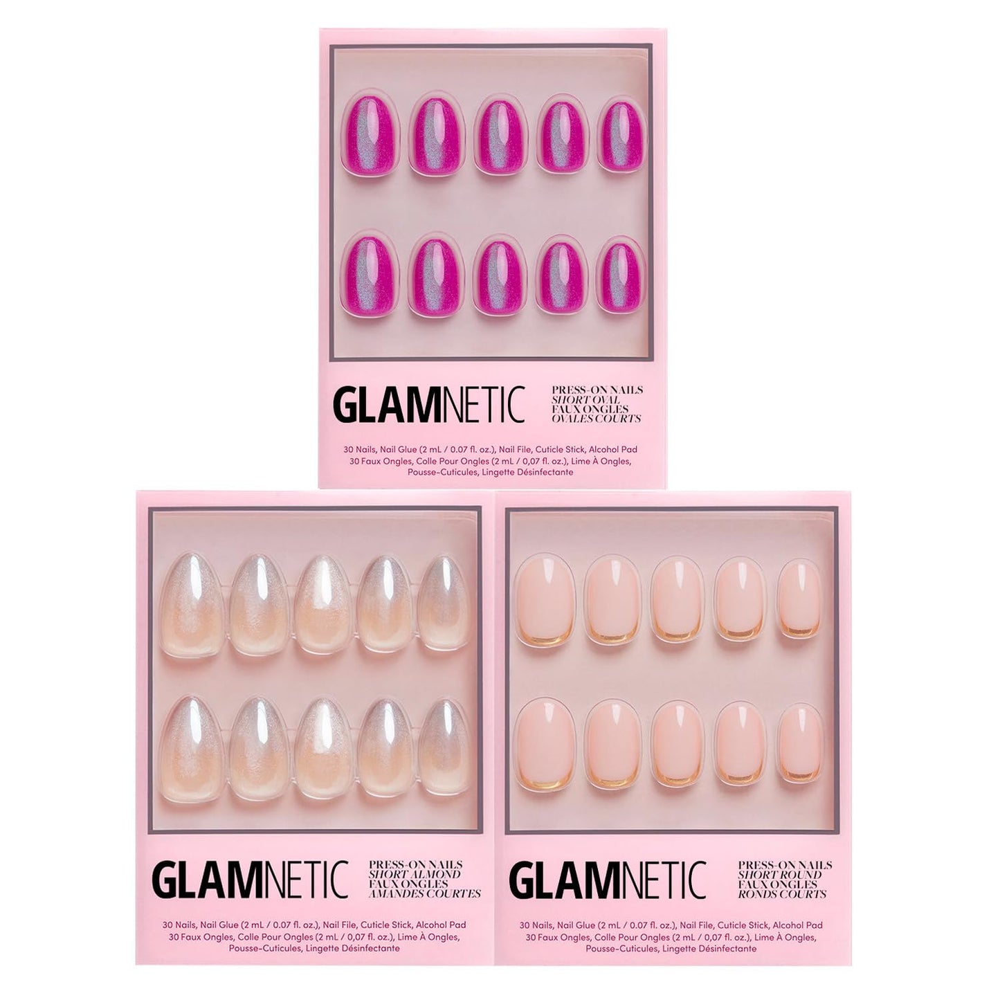 Glamnetic Press-On Nails Bundle - Polar Night, Goal Digger & Berry Fizz | Almond Fake Nails with Ombré Silver Tips | Natural Round False Nails with Gold Foil | Short Oval Magenta Nails wit