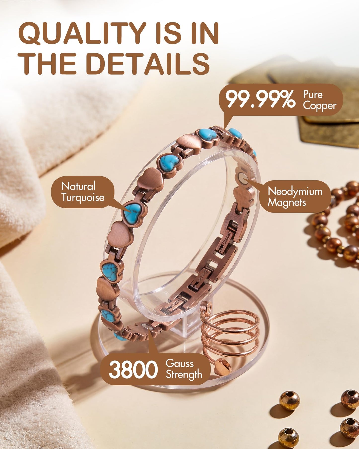 Feraco Pure Copper Bracelets & Rings for Women, Ultra Strength Magnetic Bracelet with 3800 Gauss Magnets & Natural Turquoise, Adjustable, Jewelry Gift (Ocean Heart)