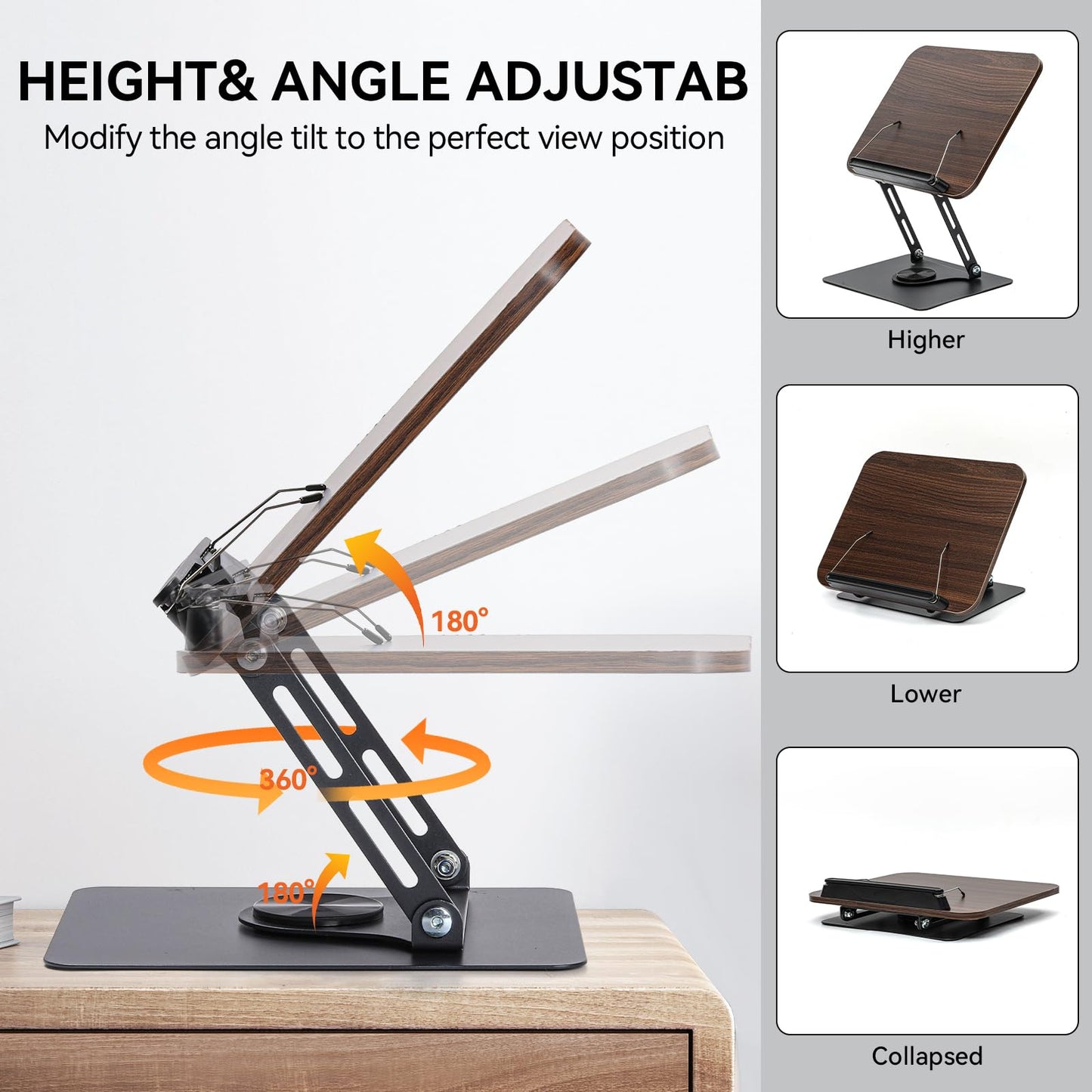 360° Rotating Book Stand for Reading, Adjustable Foldable Book Holder for Reading, Cooking, Office, Compatible with Cookbooks, Textbooks, Tablets, Sheet Music, and Laptops (Black Walnut)