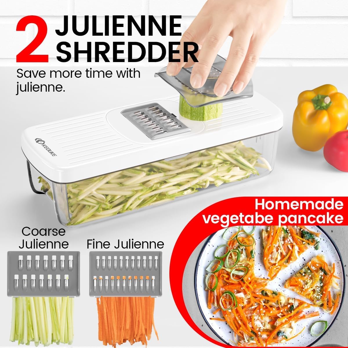 KEOUKE 8-in-1 Vertical Vegetable Chopper Mandoline Slicer with Container White - Safe Tap Out Dicer with Hand Guard for Kitchen Easy Food Prep, Onion Potato Veggie Fruit