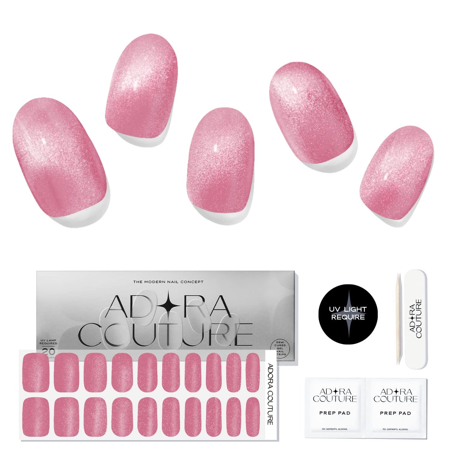 Adora Couture Semi Cured Gel Nail Strips with 20 Pieces - UV Gel Stickers, Manicure Kit, Easy Application Wraps Includes Prep Pads, Nail File, Wooden Stick - UV Light Required (Velvet Peony)