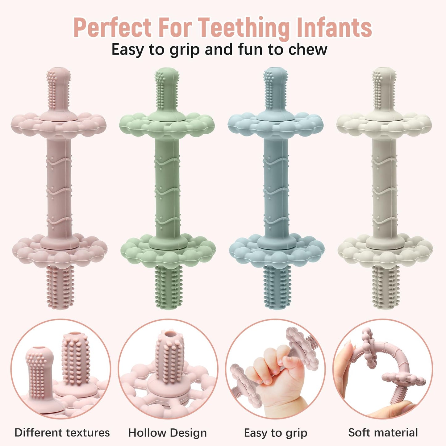 4 Pack Teething Toys for Babies 0-3 3-6 Months – Anti-Choking Design,Teething Relief for Infant Straws Sticks 6-24 Months, Baby Toddlers Silicone teether Tubes