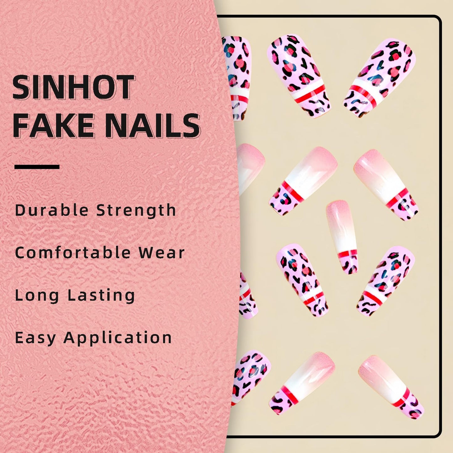 SINHOT Coffin Press on Nails - Long Fake Nails, Glossy Finish, Pink Leopard Print & French Tip, DIY Artificial False Nail Art - 24 Pcs Nail Kit with Glue