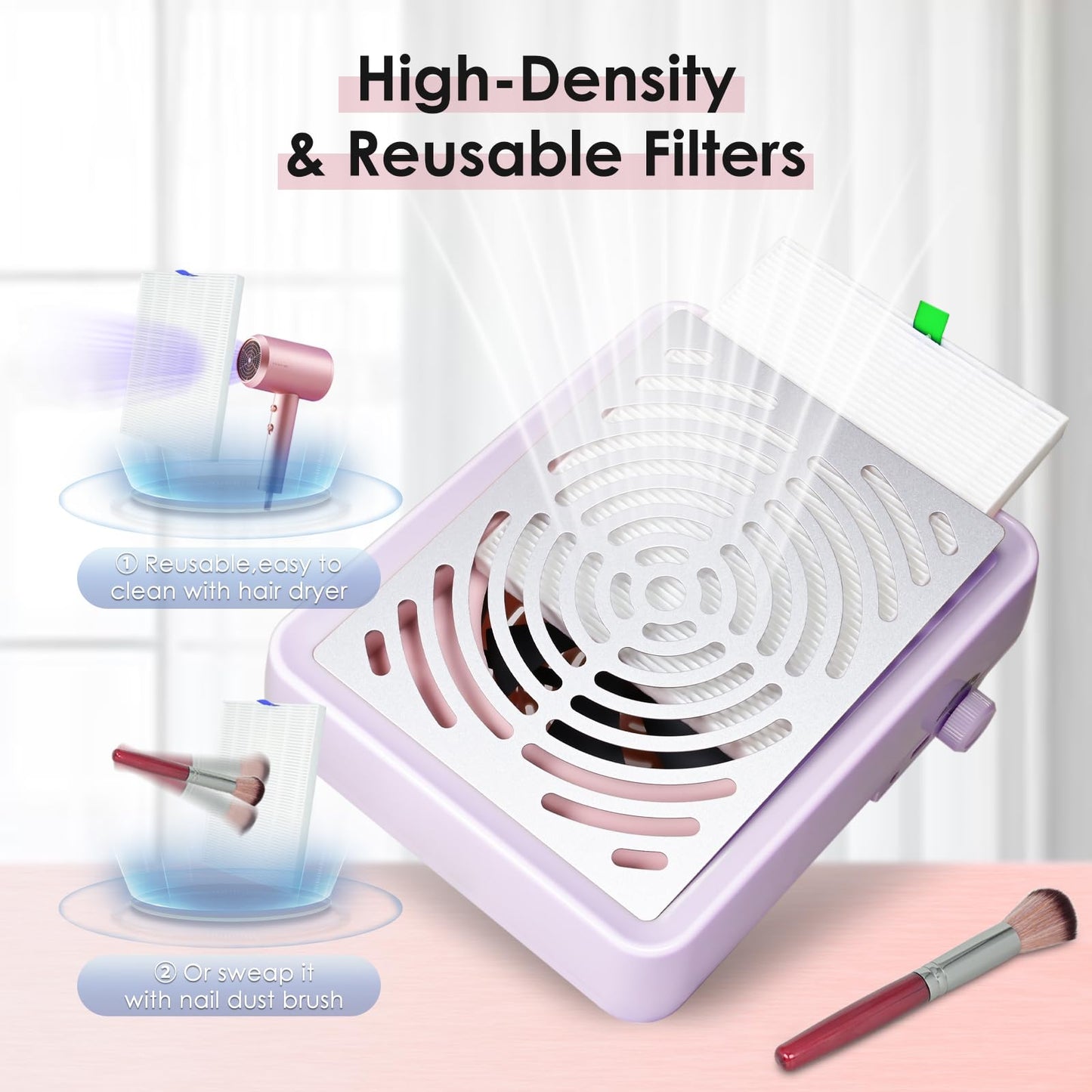Nail Dust Collector with Lamp&50pcs Disposable Filter&Dusting Brush, Electric Nail Vacuum Cleaner Dust Fan Suction Machine for Manicure Acrylic Gel Nails Polishing, Low Noise, Salon Home