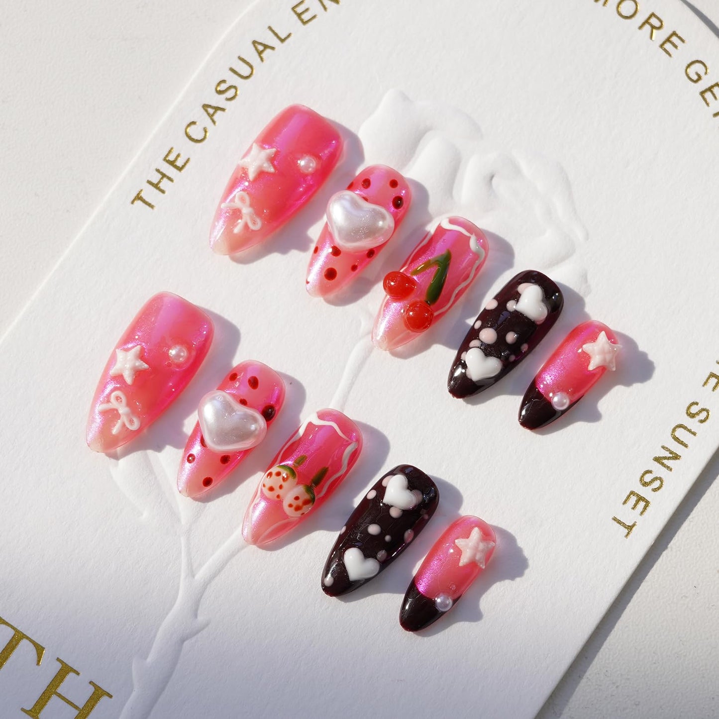 Handmade Press on Nails for Women - Medium Almond 3D Thick Acrylic Reusable Fake Nails with Designs Summer Floral Boho Funky Tropical Cute Nail-art Set 10pcs,chrome-pink,M