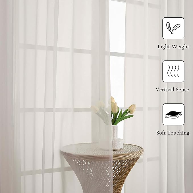 Lecloud Ivory Sheer Curtains 102 Inches Long 2 Pcs, Rod Pockets Light Filtering Bedroom Curtains for Living Room, Voile Window Drapes for Dining Room Patio Sliding Door, Each Panel 59" W x 102" L