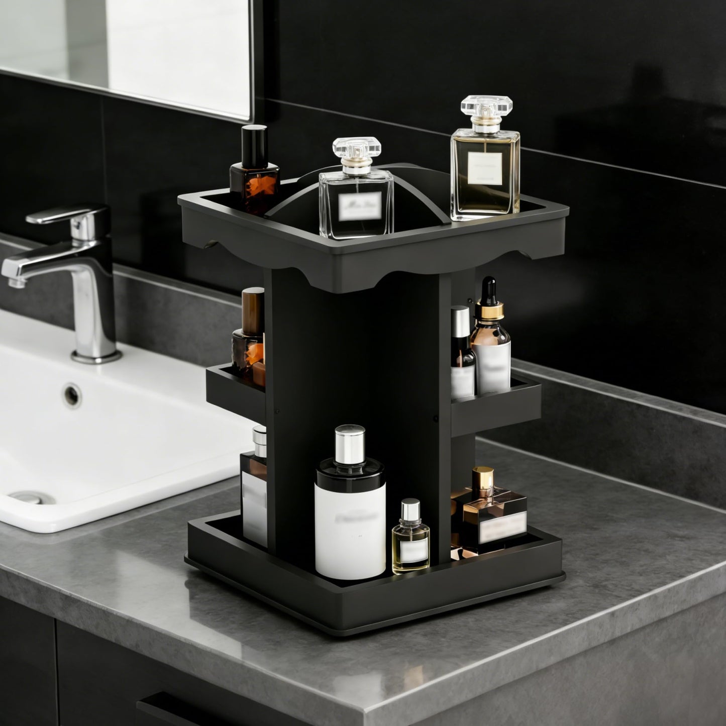 Rotating Cologne Organizer for Men, 3 Tier Wood Cologne Holder Stand with Brush Storage, 360 Spinning Perfume Display Shelf for men's Vanity, Multi-Layer Bathroom Organizers and Storage, Black