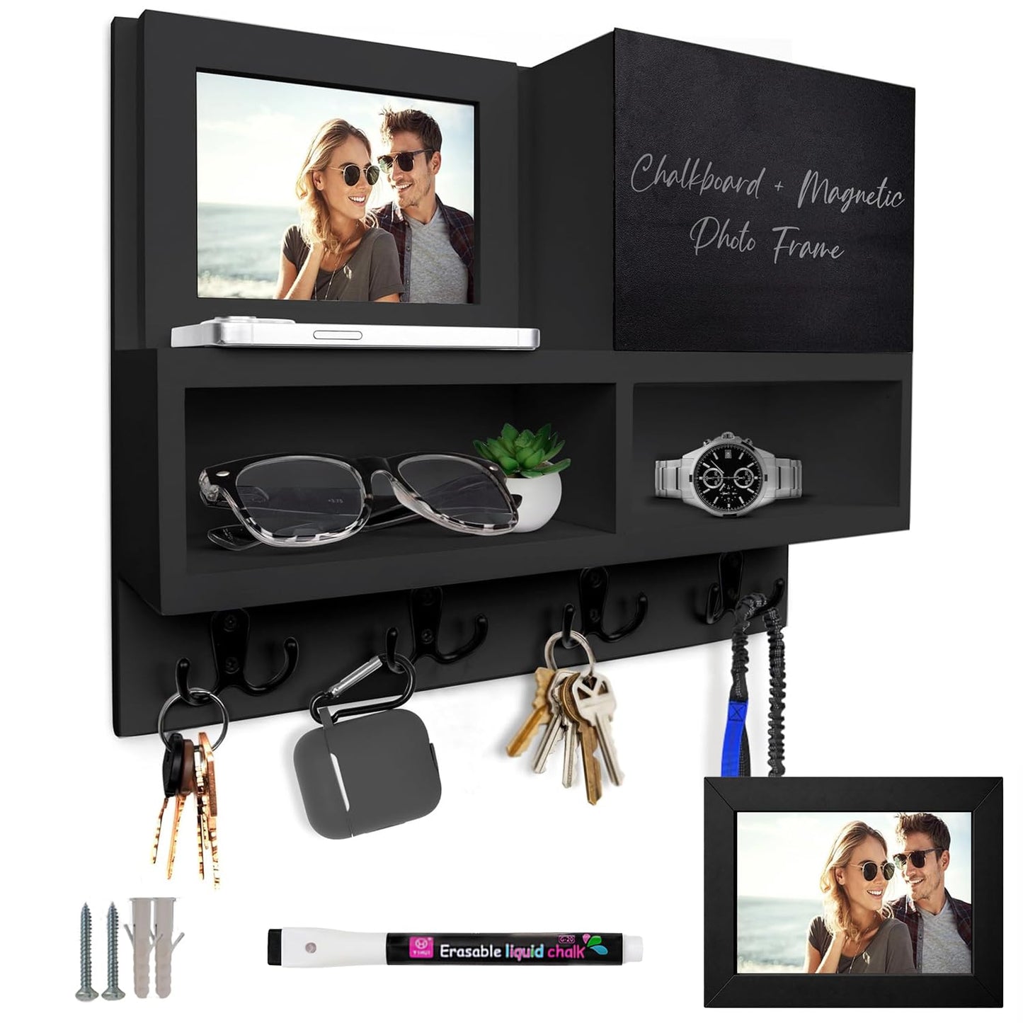 Spacelog Key and Mail Holder for Wall with Chalkboard – Magnetic Photo Frame Key Holder Wall Mount, Black, Dual Storage & Cupboards Mail and Key Organizer for Wall