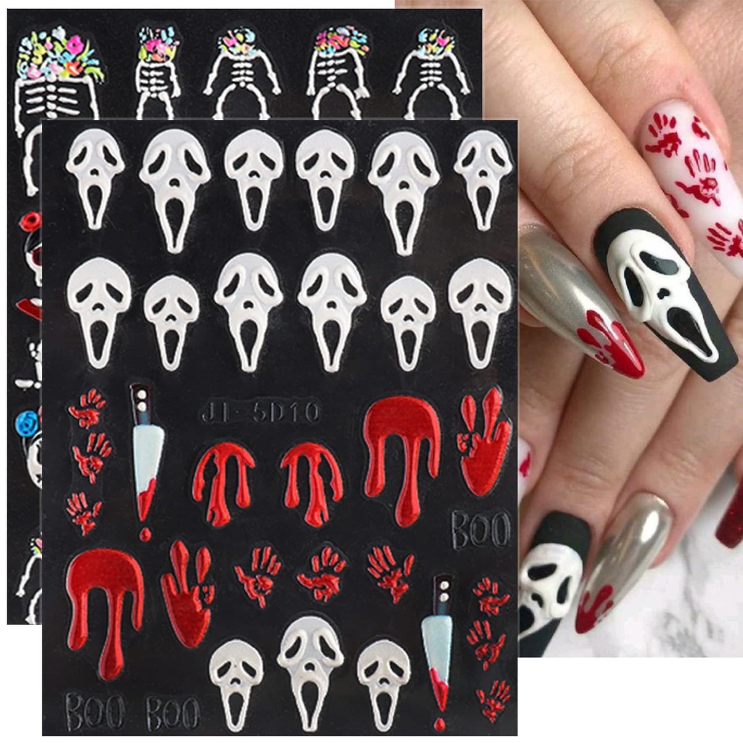 8Sheets Halloween Nail Stickers for Nail Art 5D Embossed Skull Ghost Nail Decals Self-Adhesive Pumpkin Spider Bat Eyes Skeleton Designs Horror Goth Nail Art Stickers for Women DIY Manicure Decoration