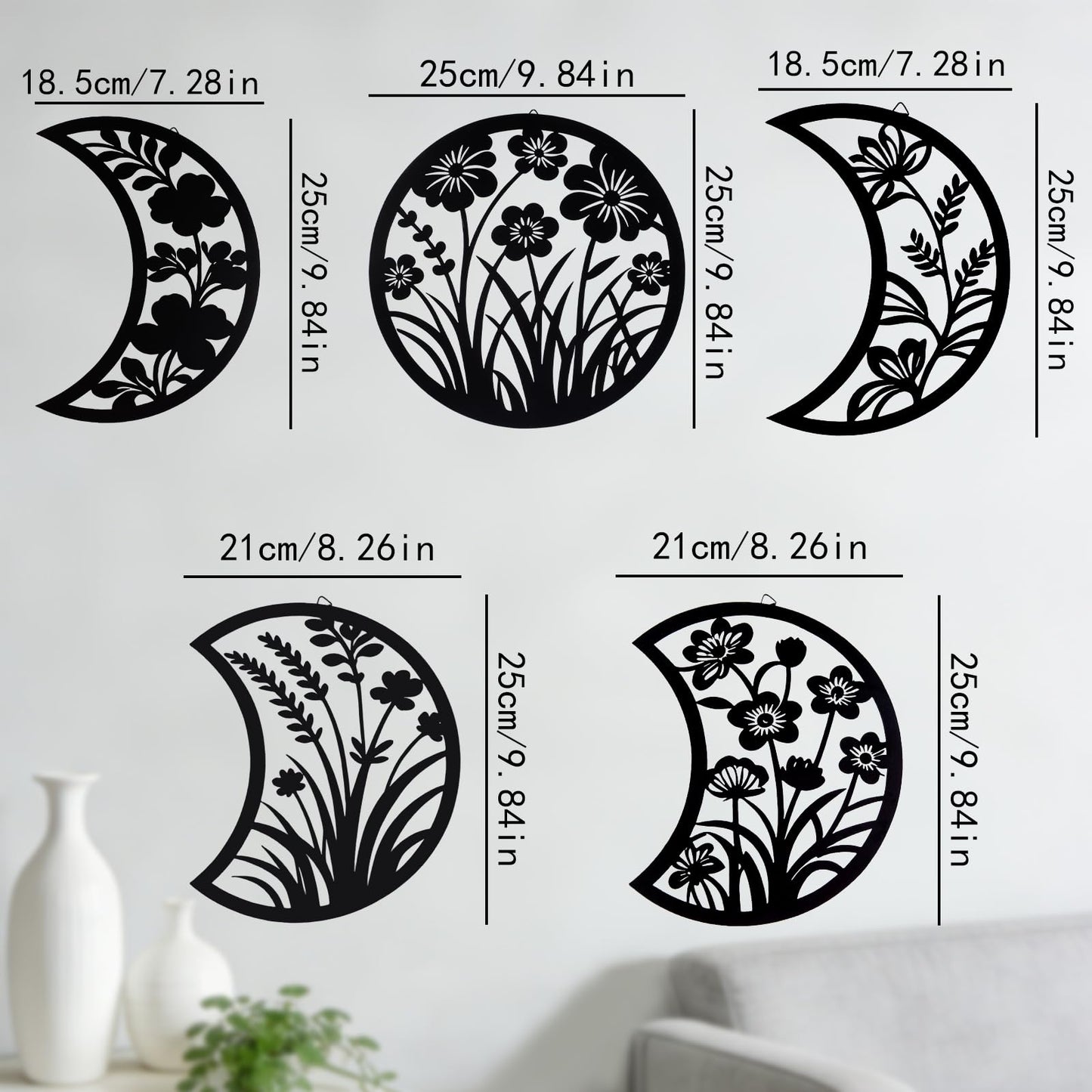 Larber 5PCS Black Metal Moon Phase Wall Hanging Decor 7.5–10 inch Moon Phase Wall Art with Floral & Herb Silhouettes Boho Lunar Aesthetic Art for Bedroom Gift Bathroom Restaurant Wall