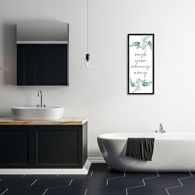 Stupell Industries Wash Your Worries Away Bathroom Phrase Blue Plants, Designed by Kim Allen Black Framed Wall Art, 13 x 30
