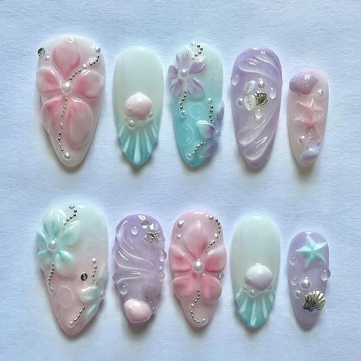 24Pcs Colorful Flower Press on Nails Medium Almond Fake Nails with Flower Pearl Starfish Design French Tip False Nails Shell Summer Glue on Nails Cute Artificial Stick on Nail for Women Manicure