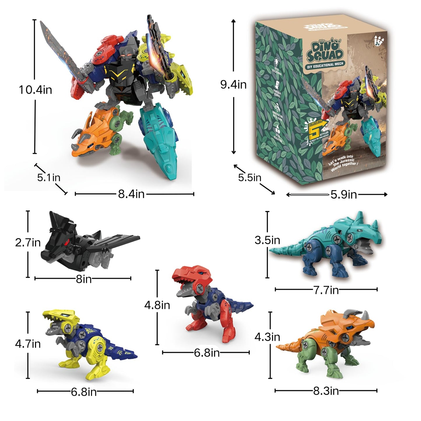 Rockclo Dinosaur Transform Robot 5 in 1 Take Apart Toys Set for boy Kid Age 3 4 5 6 7 8 Years Old Construction Building DIY with Drill Tool Kit Best Gift for Birthday Christmas Easter