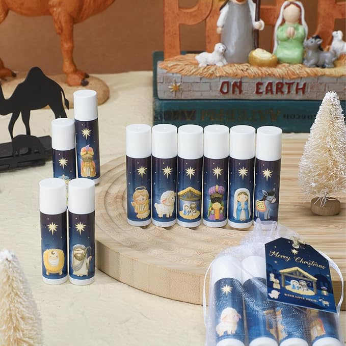 Dunzy 50 Sets Nativity Lip Balm Bulk Christian Religious Moisturizing Lip Balms Holiday Treat Gifts Favors with 50 Organza Bags 50 Tags for Women Christmas Stocking Stuffers Party Supplies