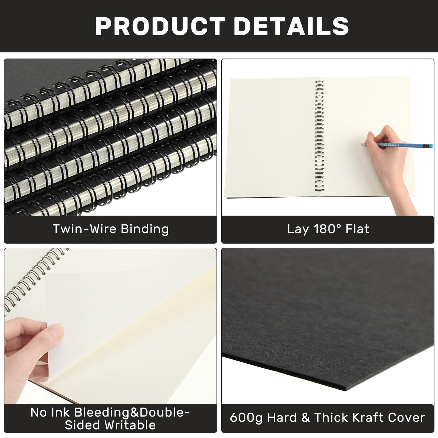 Gueevin 2 Pack Sketch Books Bulk 7.5" x 10" Spiral Bound Sketch Pads for Drawing Hardcover 60 Sheets Bulk Sketchbooks for Artist Adult Art Supplies Pencil Pastel,100gsm (Black)