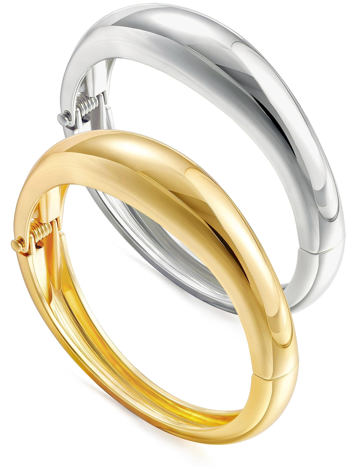 Chunky Gold Bangle Bracelets for Women, Dainty 14k Gold Plated Big Stackable Bangles Set, Trendy Statement Cuff Bracelet Stack Fashion Jewelry Gifts (2 Silver & gold bangles)