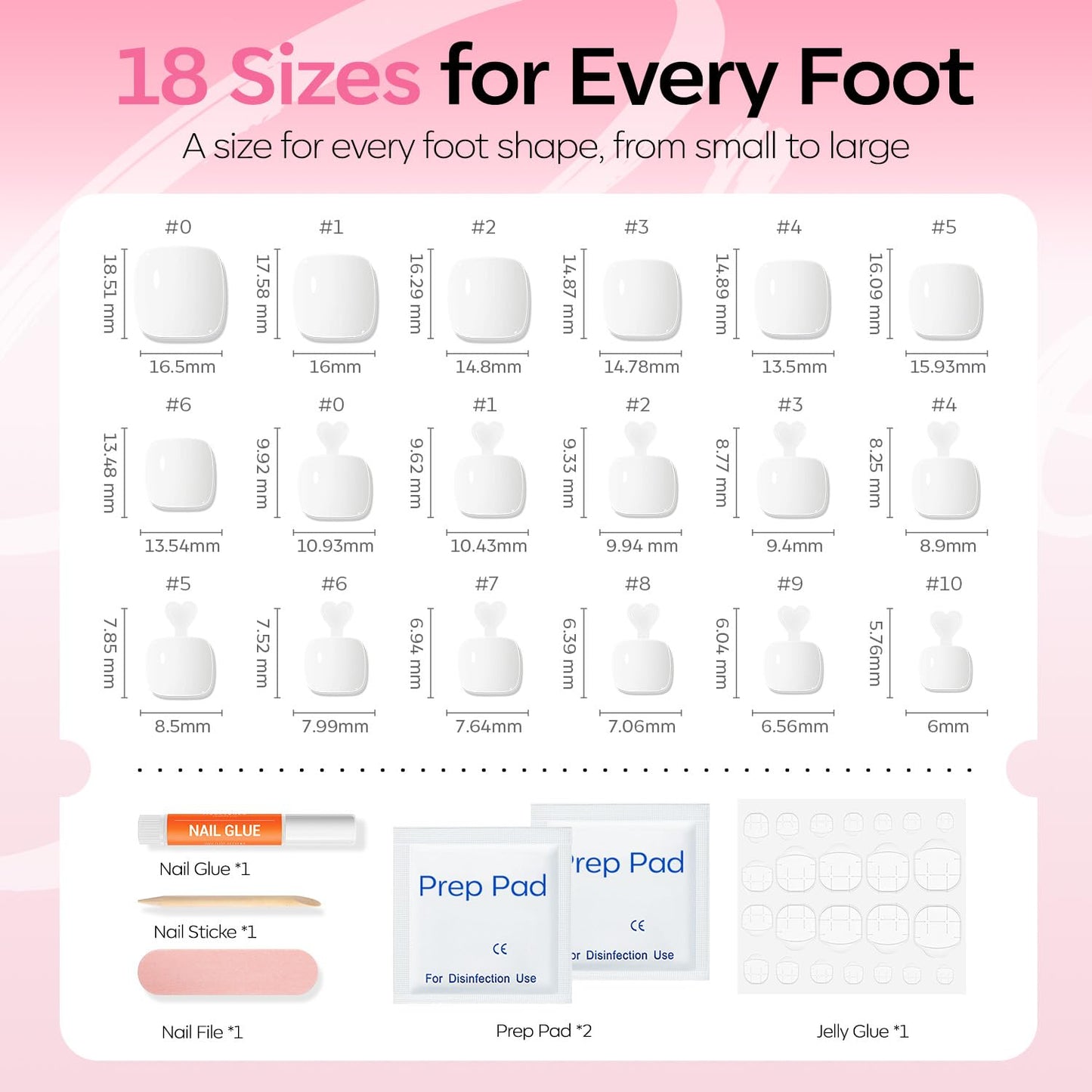 Modelones Press on Toenails Short, White Toe Press on Nails Square, Reusable Nail Kit with Nail Glue Adhesive Tabs Mini Nail File, Toe Nails 36Pcs 18Sizes, Spring Summer Women Girl Gift