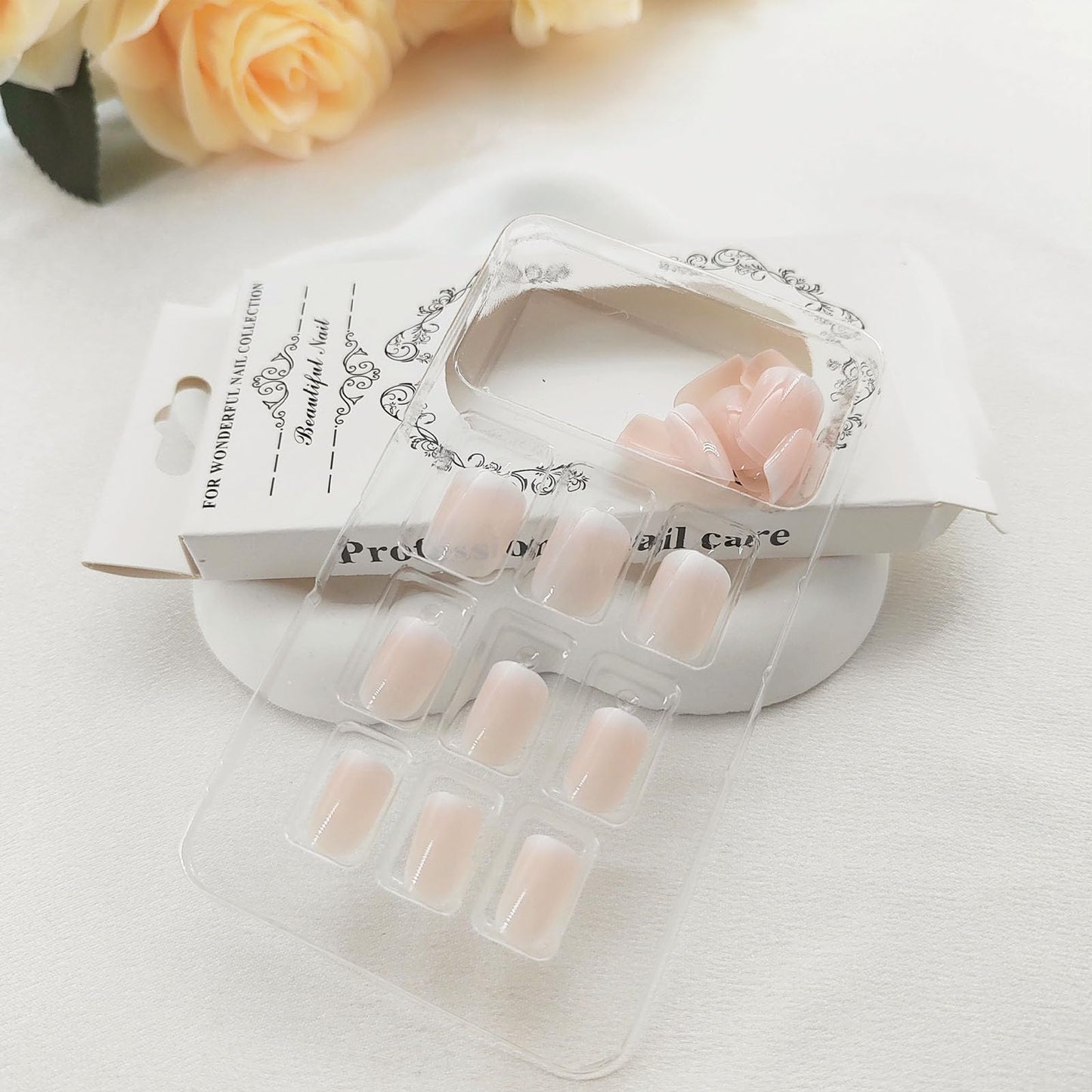 Short Press on Nails Square Nude Ombre Fake Nails Press ons White Glue Stick on Nails with Designs Full Cover Acrylic Glossy Artificial Cute False Nail for Women Girls 24 Pcs