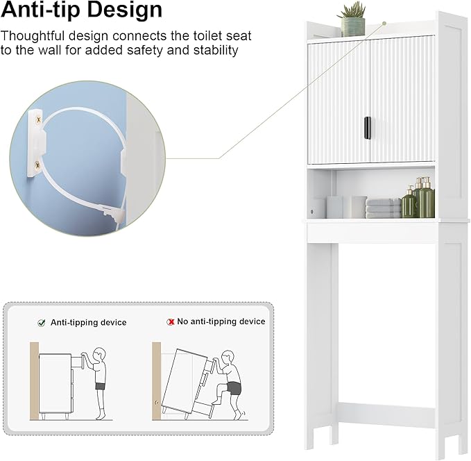 Bathroom Over The Toilet Storage Cabinet,Farmhouse Over The Toilet Storage with 2 Wave-Pattern Doors and Open Storage Shelf,Space Saver Behind Toilet Bathroom Organizer for Restroom/Laundry