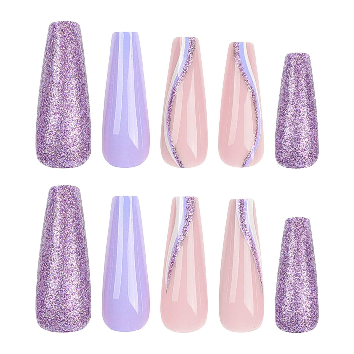 Long Press on Nails Coffin Fake Nails Purple Glitter False Nails with Swirl Designs Nails Press Ons 24Pcs Glossy Long Ballerina Full Cover Acrylic Stick on Nail for Women