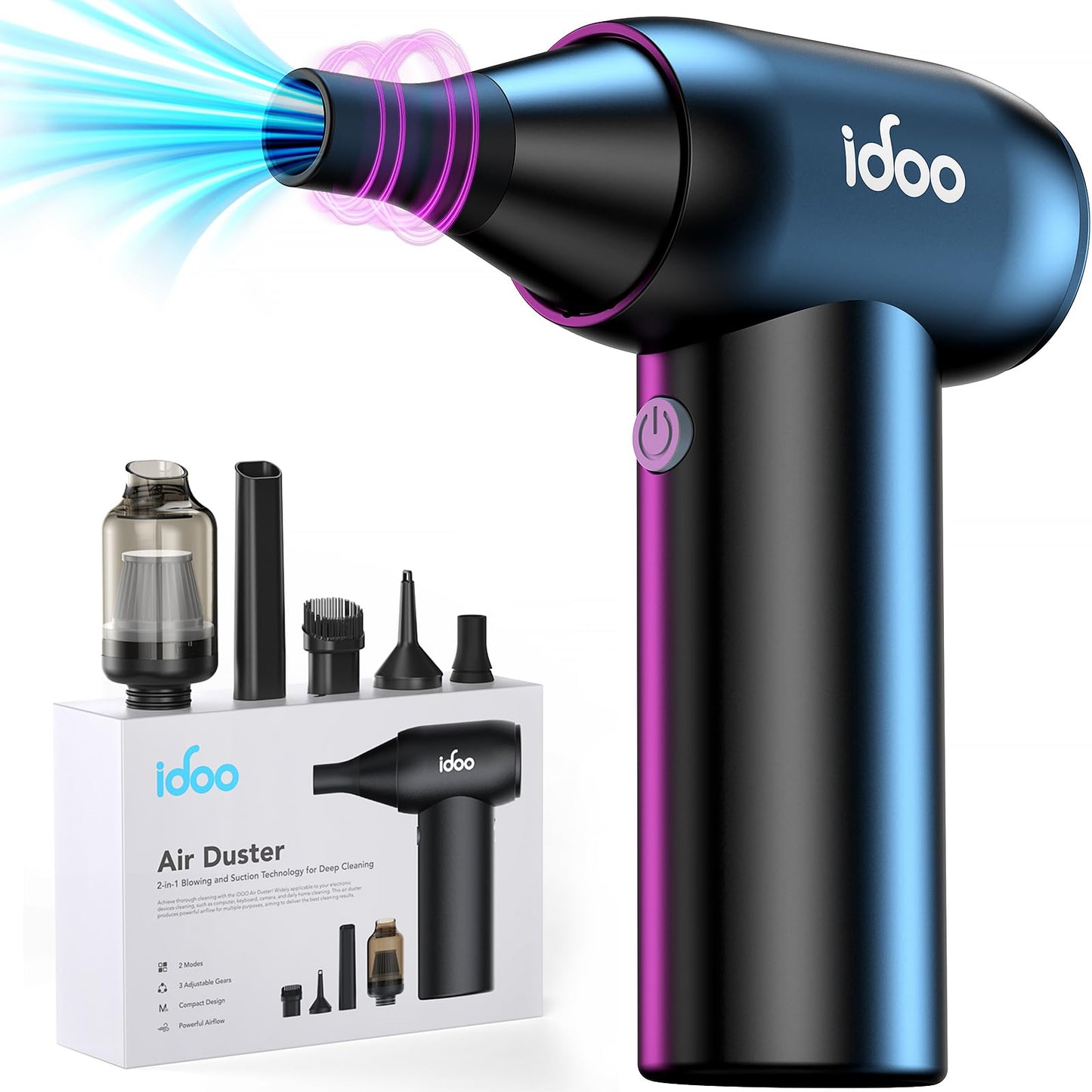 iDOO Compressed Air Duster, Cordless Electric Canned Duster, Portable Vacuum, 3 Gear Mini Portable Jet Dry Air Blower, for Gaming Pc, Keyboard, Car Cleaning, Outdoors-Dust Blowing & Vacuuming(Black)