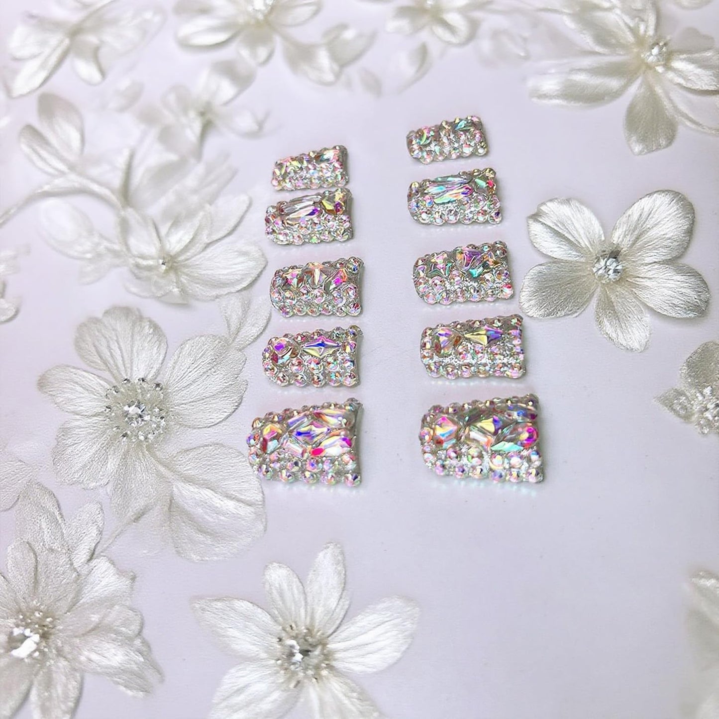 Handmade Press on Nails Medium Square Fake Nails Press Ons Colorful Light Glitter Luxury Rhinestone Full Cover Stick on Nails Gorgeous Glue on Nails for Women Girls (Gem Glitter S)