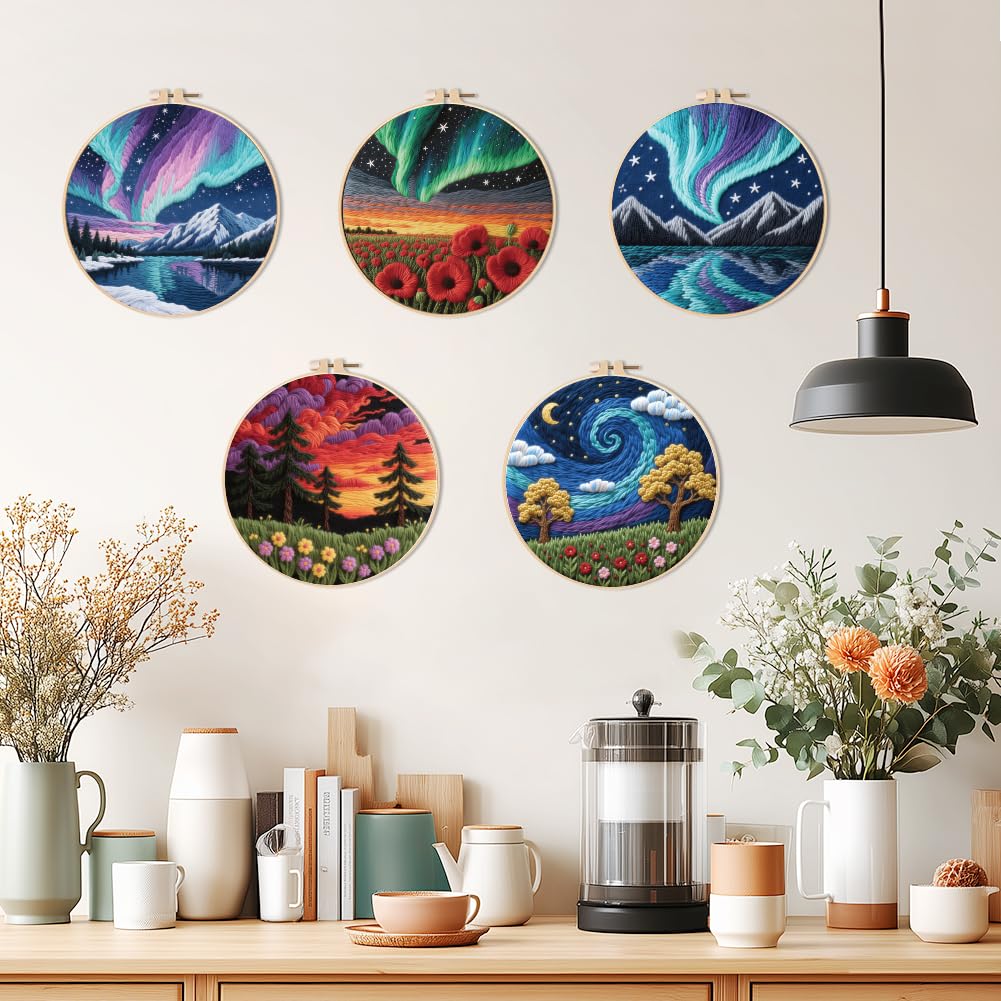 ACRNIGHEET 6Pcs Embroidery Kit for Beginners Adults, Complete Cross Stitch Kits, Landscape Embroidery Kit for Home Decor and DIY Craft Projects, Great Gift for Embroidery Lovers