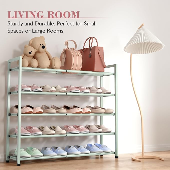 Bumusty 5-Tier Expandable Shoe Rack for Closet, 18“-33” Adjustable Shoe Rack for Small Space, Small Shoe Organizer for Front Door, Sturdy Metal,Green