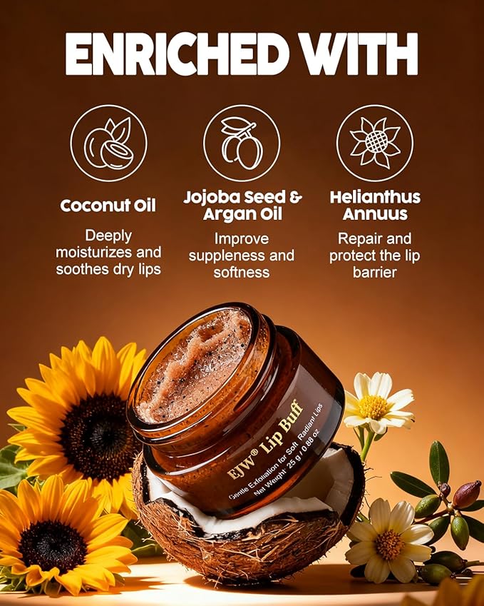 Triple-Action Lip Scrub - Brown Sugar, Coffee & Pearlite Exfoliator - Infused with Coconut & Botanical Oils for Nourishing Care of Dry, Cracked Lips - Vegan, Cruelty-Free