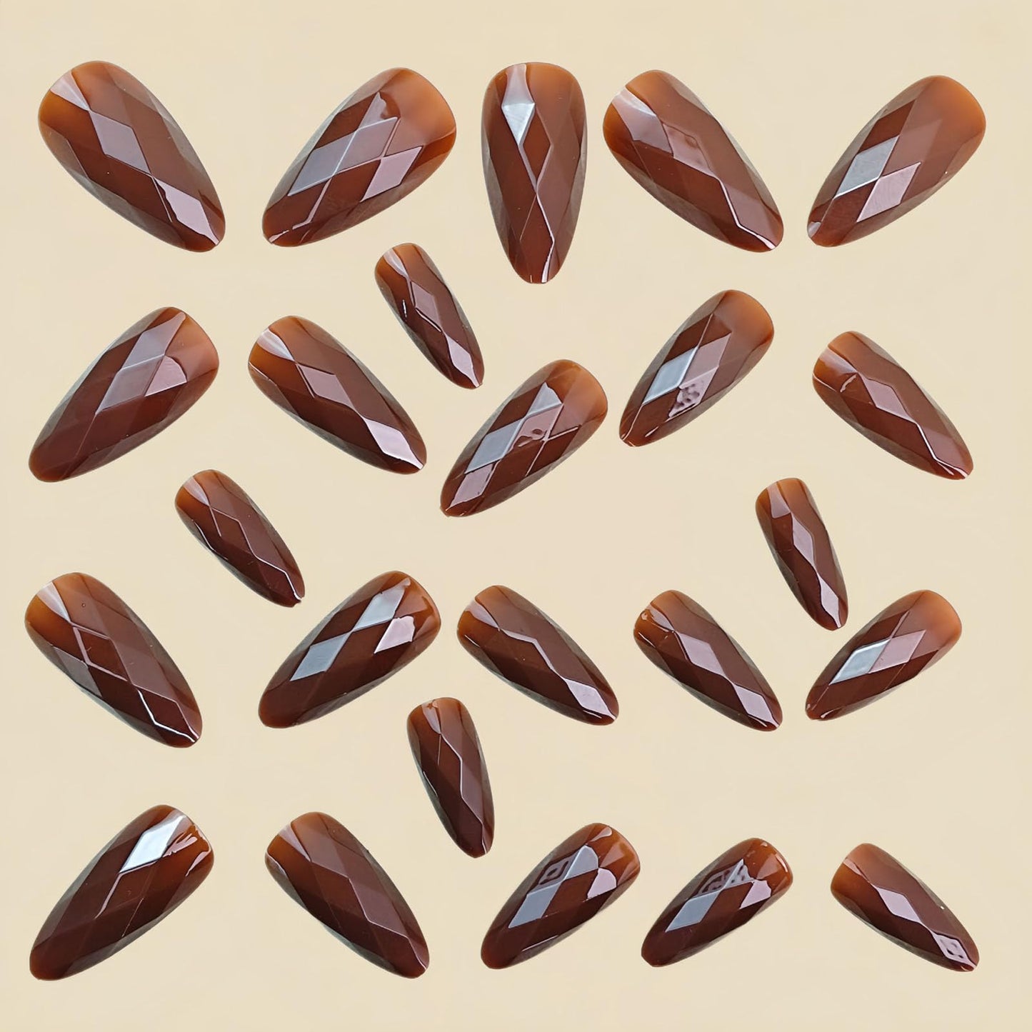 RUOKEXIN Almond Press on Nails Medium Length Fake Nails Brown Chrome False Nails with 3D Rhombus Designs Full Cover Nail Press ons Sparkly Artificial Nails for Women 24Pcs