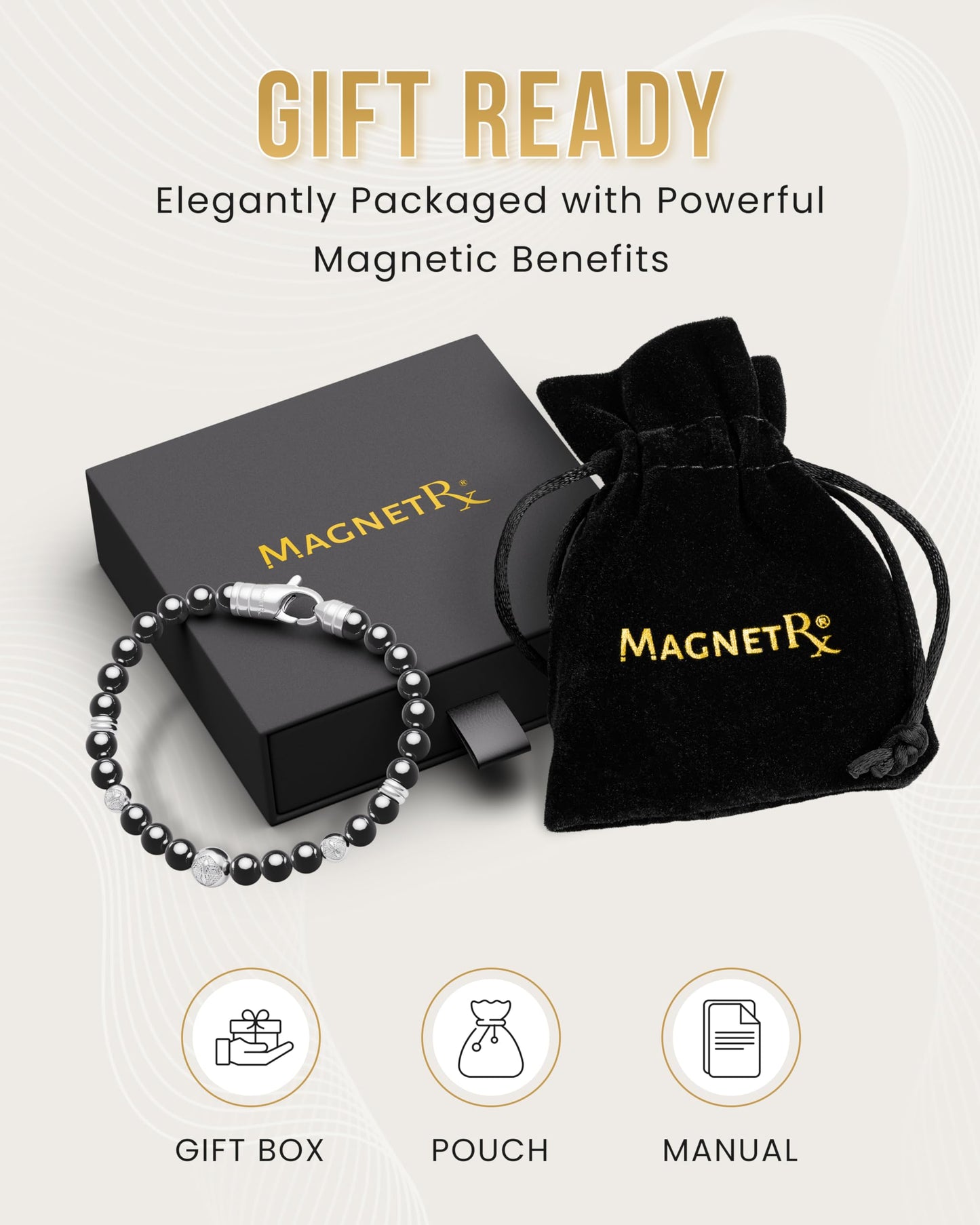 MagnetRX® Hematite Magnetic Bracelet – Max Strength Magnet Stones with Stainless Steel Charms – Elegant Hematite Beaded Bracelets for Men (Armory | Small)
