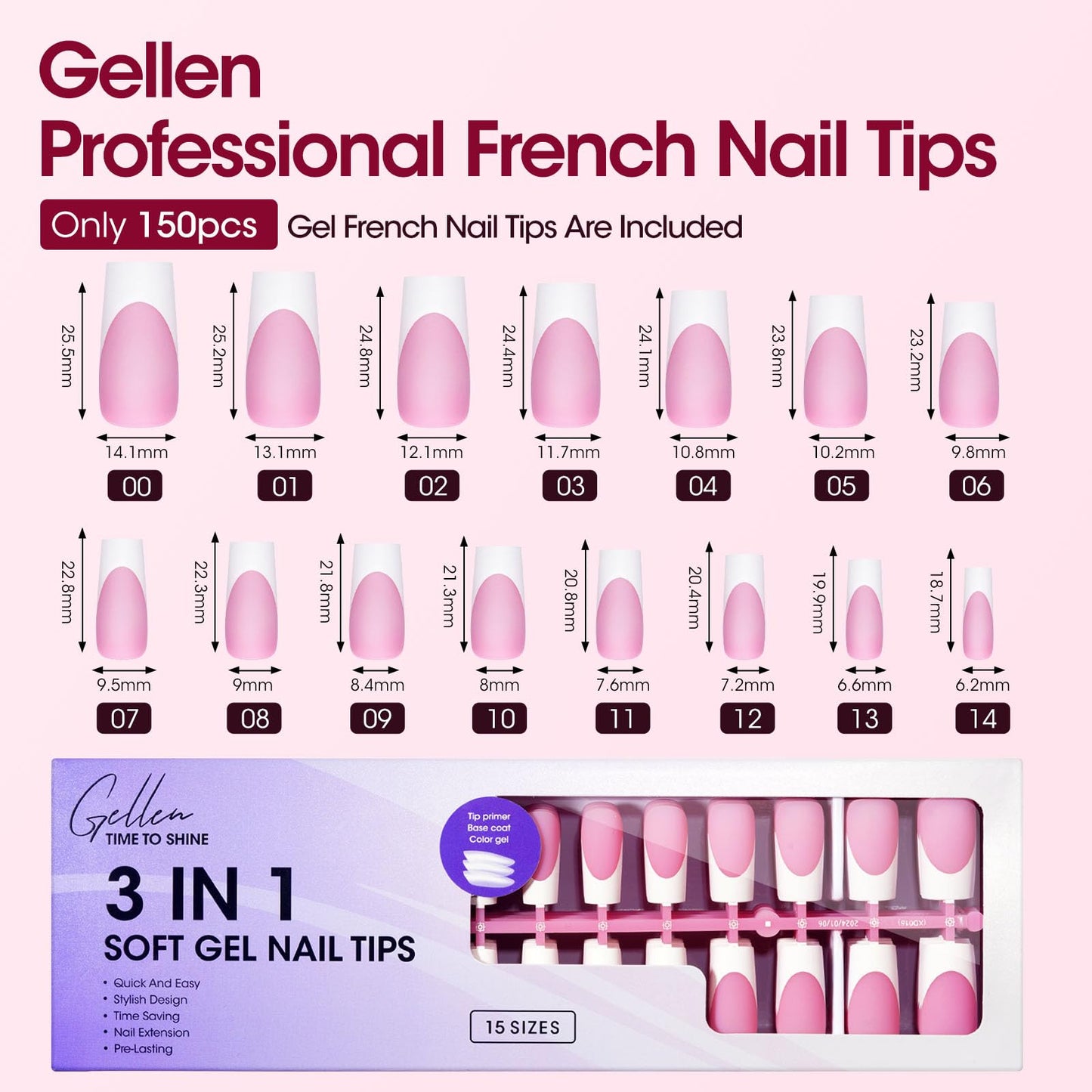 Gellen Square French Tip Press on Nails - 3 in 1 Soft Gel Nail Tips, 330 pcs 15 Sizes Pink Long Square French Nails Press on Long-lasting, No Need to File Press on Nails