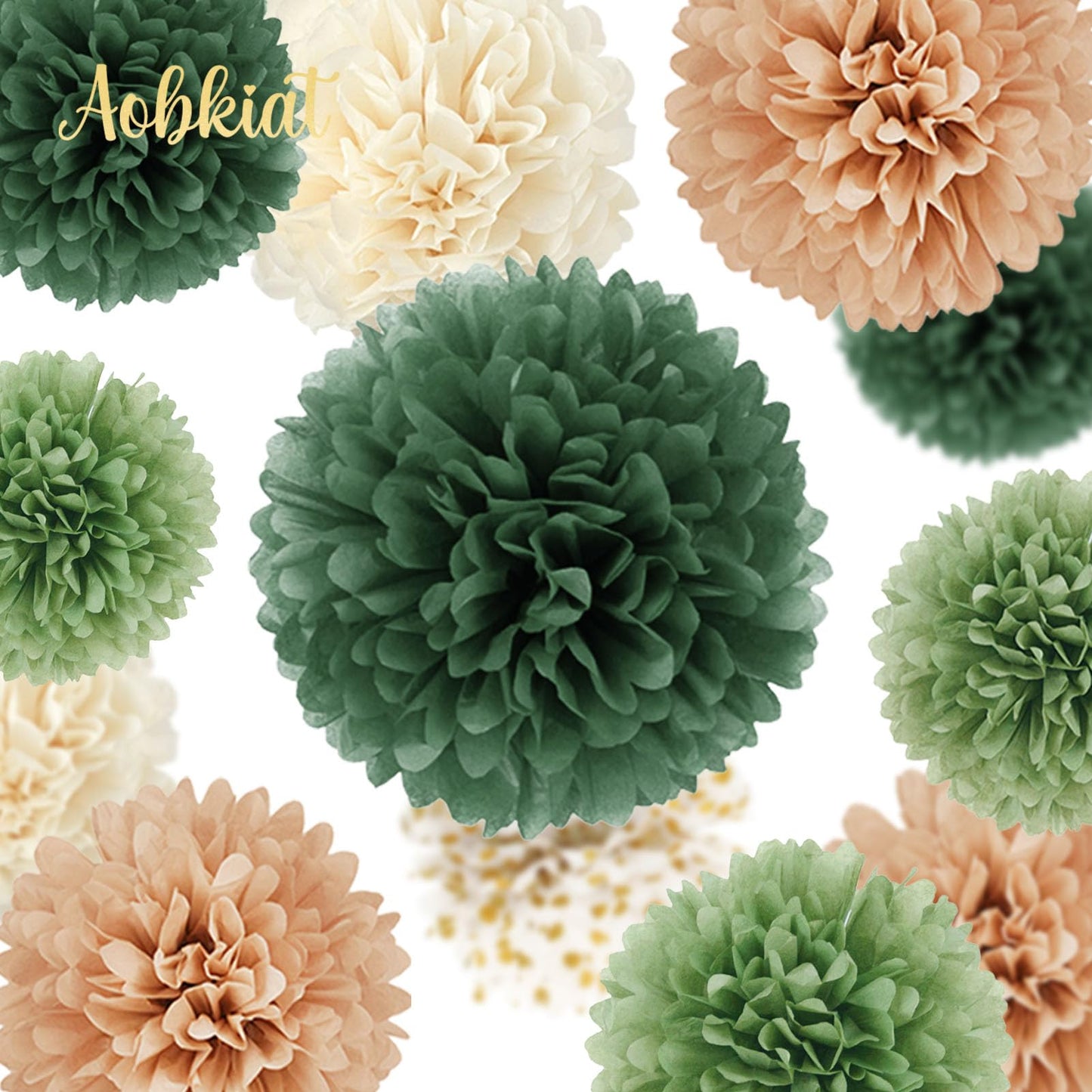 AOBKIAT Wedding Party Decorations Set,15PCS Green Tissue Paper Pom Poms,Dots Paper Garland String Hanging Backdrop for Engagement,Green Boho Wedding,Baby Shower