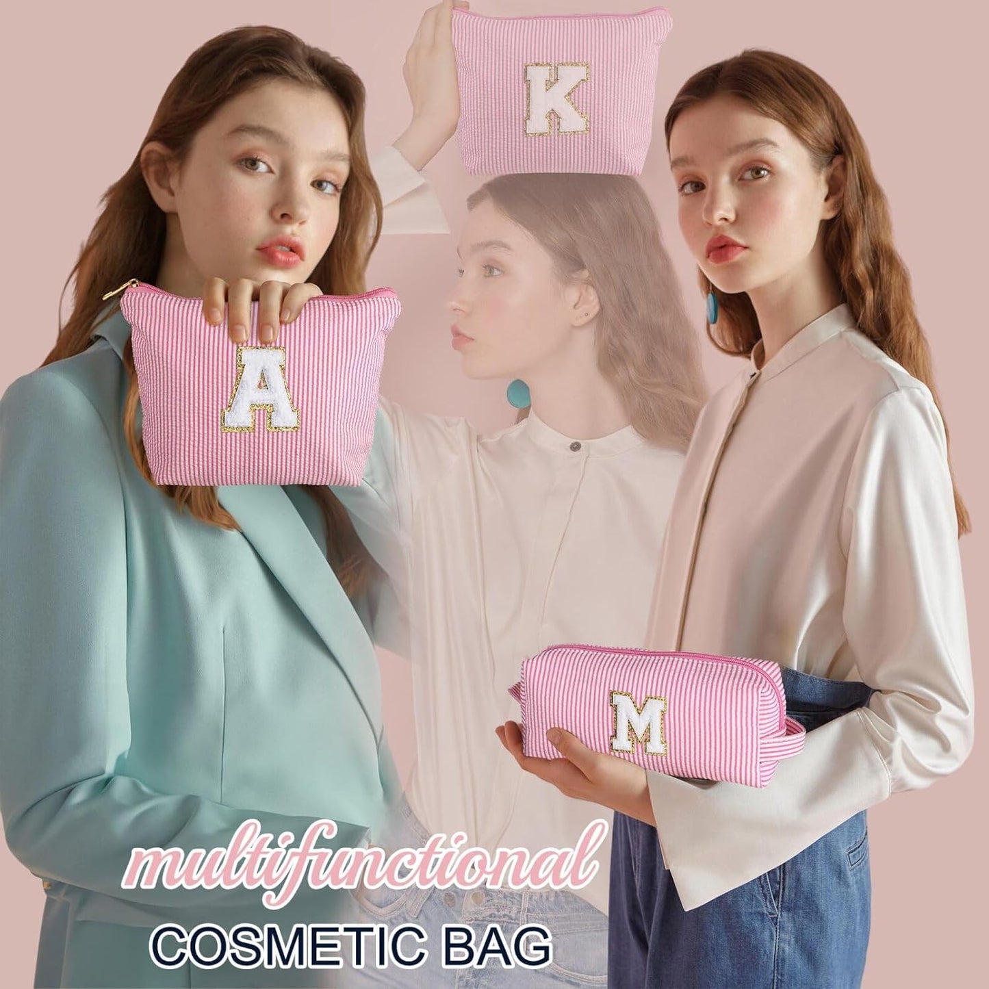 YOOLIFE Preppy Makeup Bag for Women - Personalized Cute Makeup Pouch for Girlfriend Bridesmaid Wife | Cosmetic Travel Toiletry Bag for Friend | Birthday Gift Idea for Her Mom Preppy Stuff Pink C