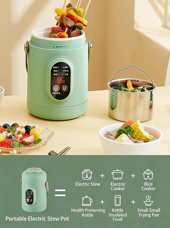 Multifunctional Health Pot, 500W Portable Mini Electric Cooker with Ceramic Glaze Inner & Steamer, Small Slow Cooker with 12-Hour Reservation, for Porridge, Rice, Soup & Steaming (1200ml-Green)