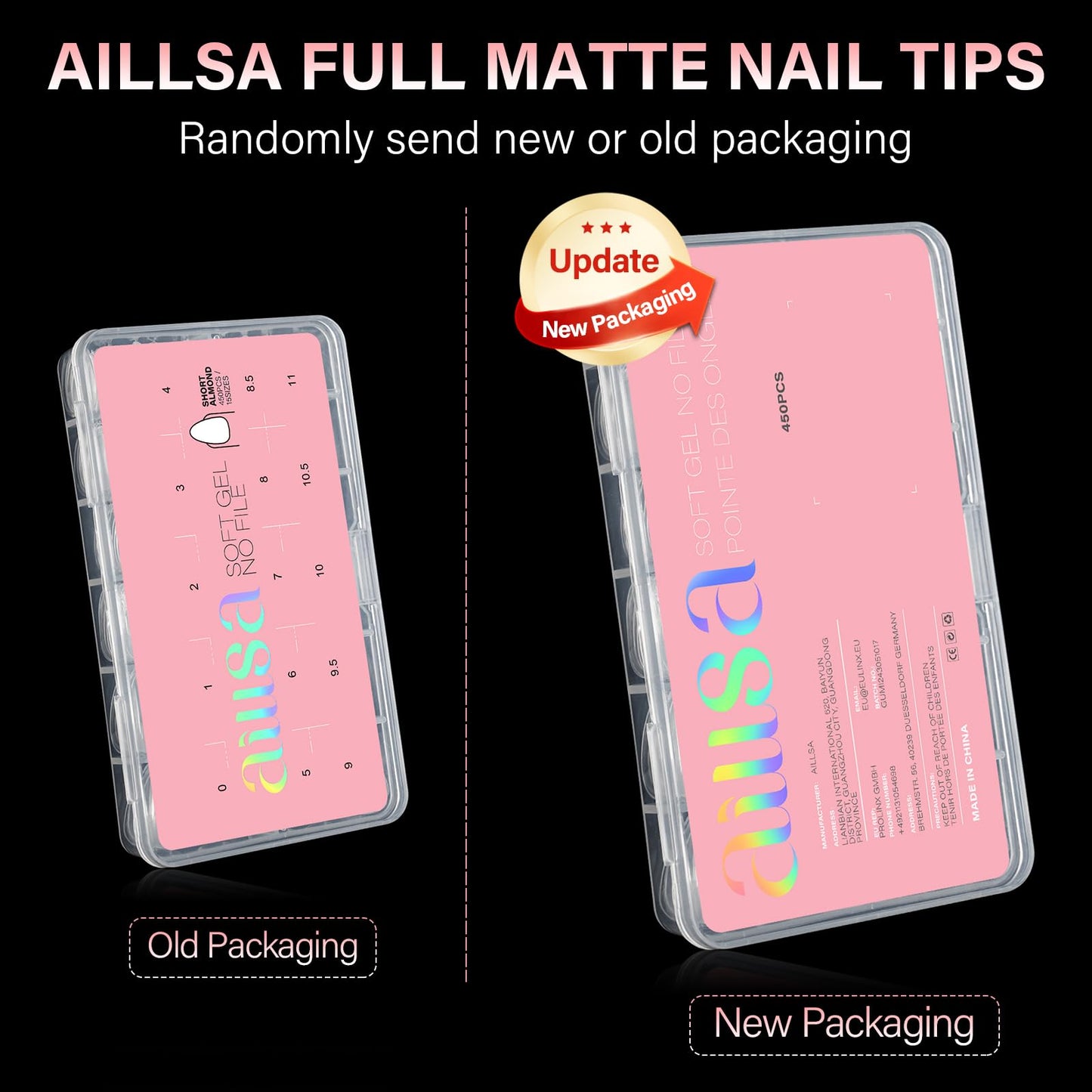 AILLSA Short Almond Nail Tips 450PCS Acrylic Gel Double-sided Matte Clear Pre-Buff Gel Nail Tips No Need Base Coat Press on Nails Tips for Extension 15 Sizes