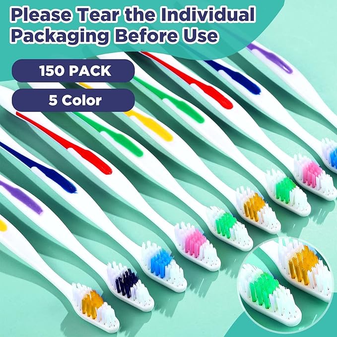 Chengu 150 Pack Individually Wrapped Bulk Toothbrush Disposable Travel Colorful Soft Bristle Ergonomics Handle Toothbrush for Travel, Hotel, Donation,Homeless