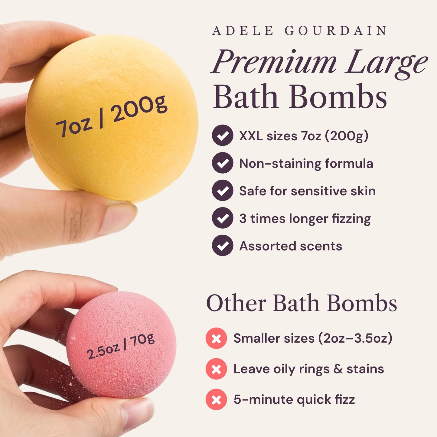 ADELEGOURDAIN Bath Bombs Set 7 pcs XXL Size - Gift Set for Women, 200g/7oz, Mineral Bath Bombs for Sensitive Skin, Gift Set or Birthday or Mothers Day, Gift Box Idea for Her