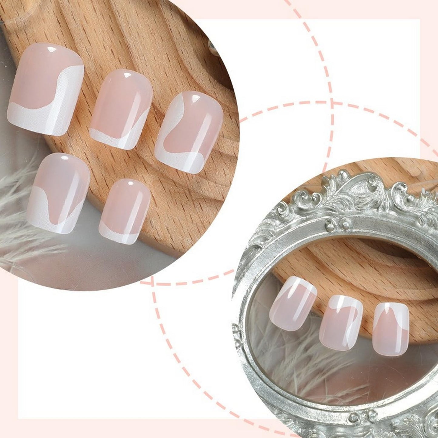 White French Tip Press on Nails Short Square MABKJLF Nude Fake Nails False Nails with Irregular Curve Line Designs Glossy Glue on Nails Acrylic Nails for Women Girls 24Pcs