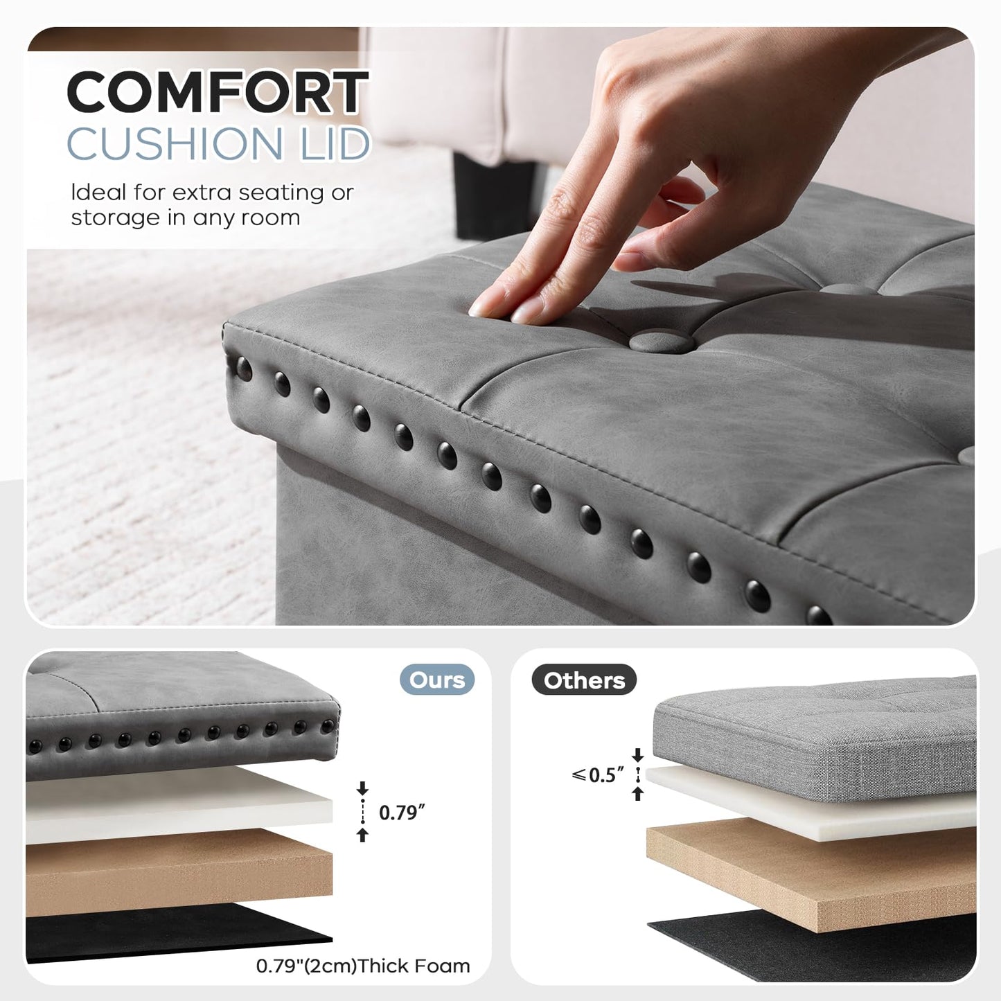 oakvivo Storage Ottoman Cube 16x12x12 inches, Small Faux Leather Tuffed Foot Rest Stool with Rivet Design, Foldable Ottomans Footstool, Box Chest for Bedroom, Entryway, Load 242 lb, Grey