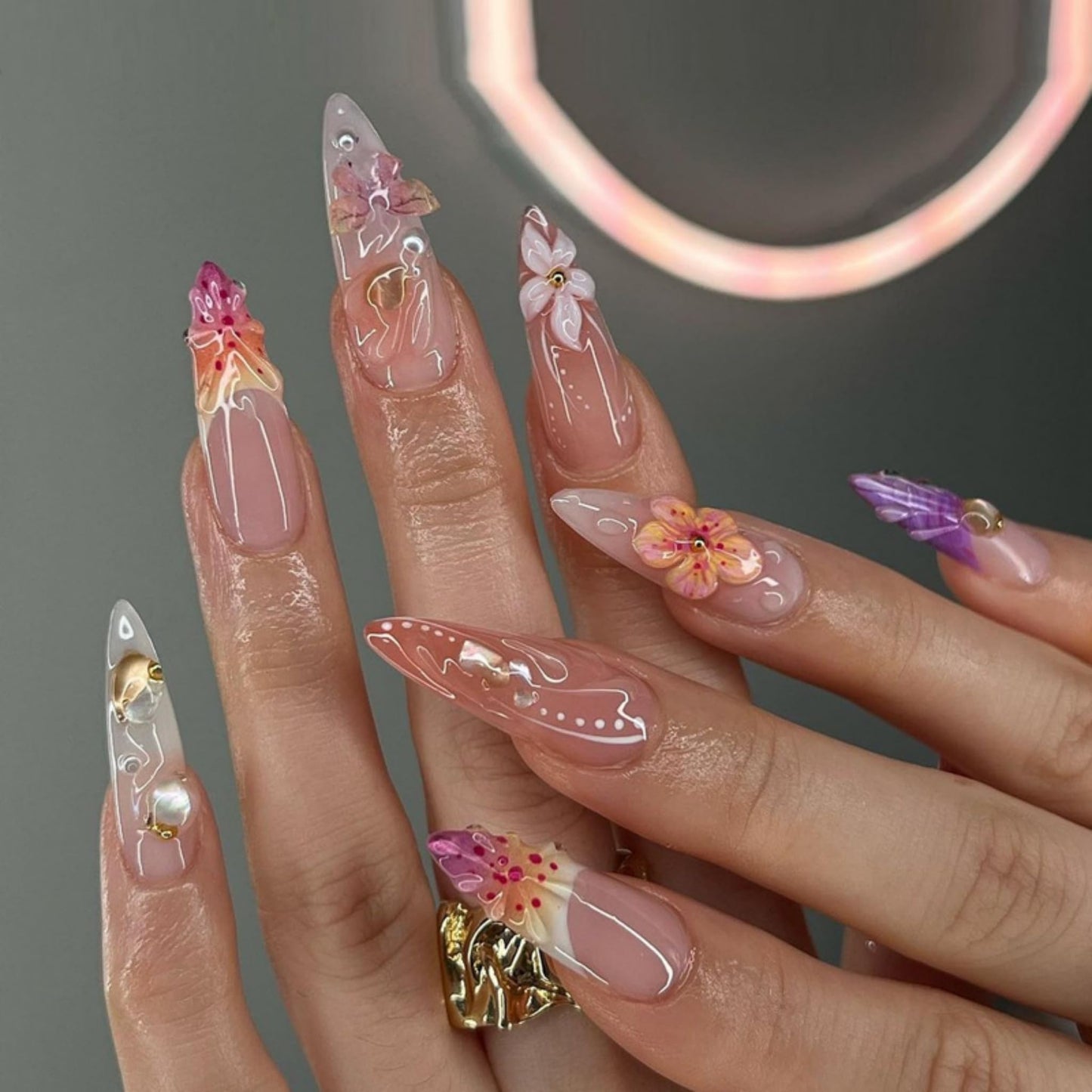 Long Press on Nails Almond Fake Nails Pink Artificial Nail 3D Flowers Rhinestones Handmade Summer Stick on Nail for Women 24pcs