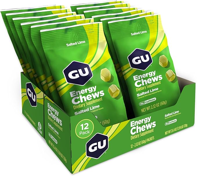 GU Energy Chews, Salted Lime Energy Gummies with Electrolytes, Vegan, Gluten-Free, Kosher, Caffeine-Free, and Dairy-Free On-The-Go Energy for Any Workout, 12 Bags (24 Servings Total)