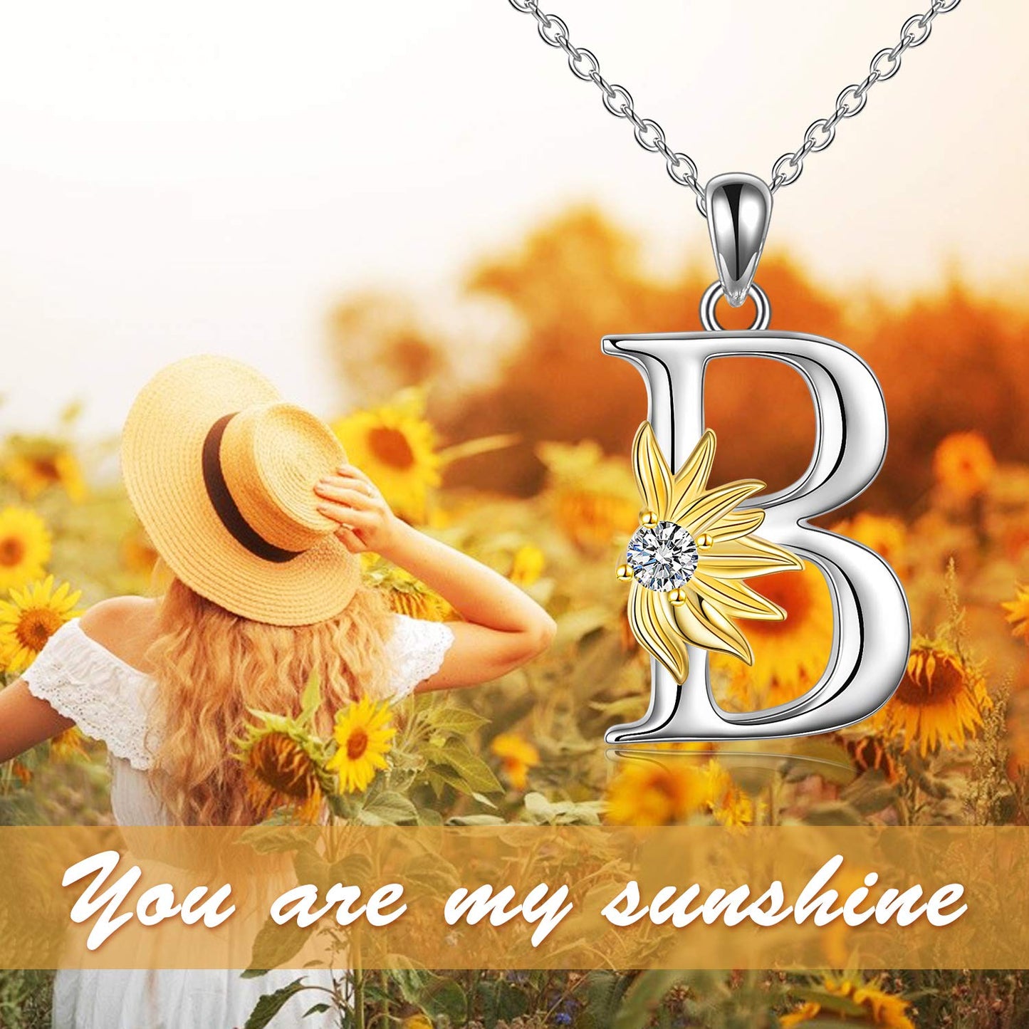 POPLYKE Sterling Silver Initial Alphabet Letter B Script Name Pendant Chain Necklace for Women for (Sunflower B)