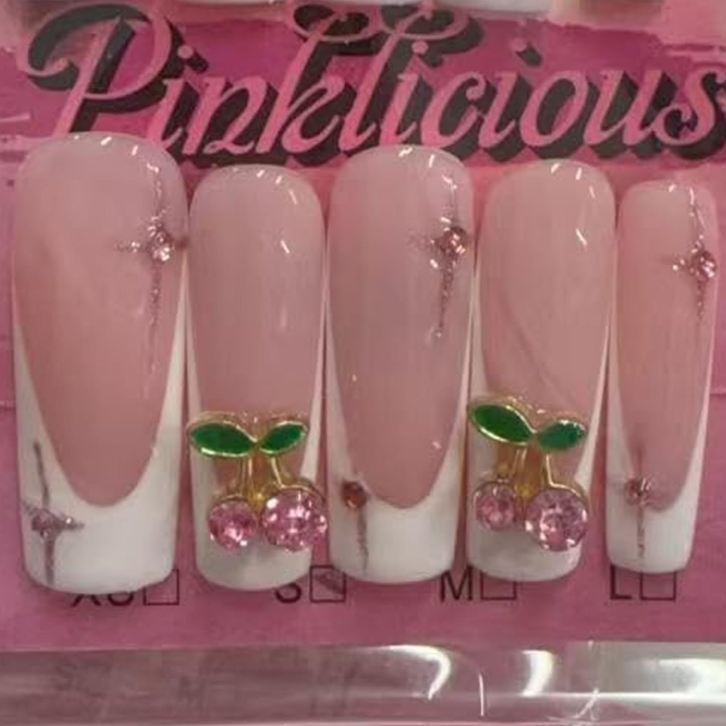 Pinktlicious Pink French Tip Press On Nails - Long Coffin Reusable False Nails with Cherry Rhinestones, Glue-On Artificial Nails for Women’s Daily & Party Manicure (L)