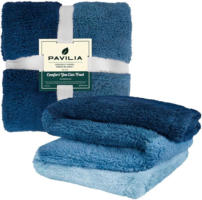 PAVILIA Fluffy Sherpa Throw Blanket Ombre | Gradient Plush, Soft, Fuzzy, Decorative Accent Throw Blanket for Couch Sofa Twin Bed | Cozy Warm Decorative Furry Faux Fur Blanket, 60x80 Inches Sea Blue